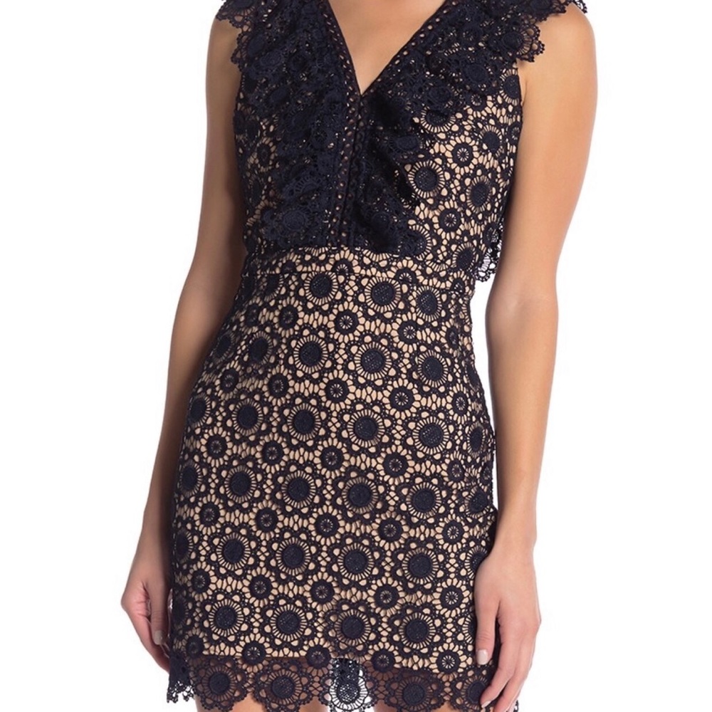 J.O.A. Ruffle & Lace Dress Open-Back Navy Blue Size L NWT